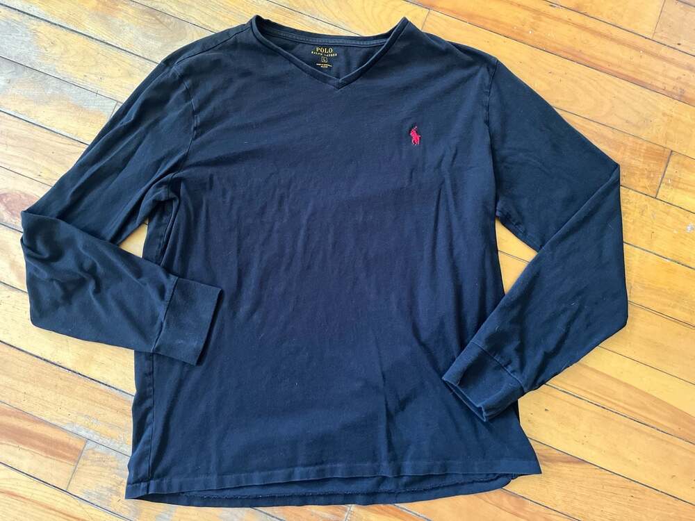 Polo Ralph Lauren Men's Long Sleeve V-Neck T-Shirt Black with Red Pony Large